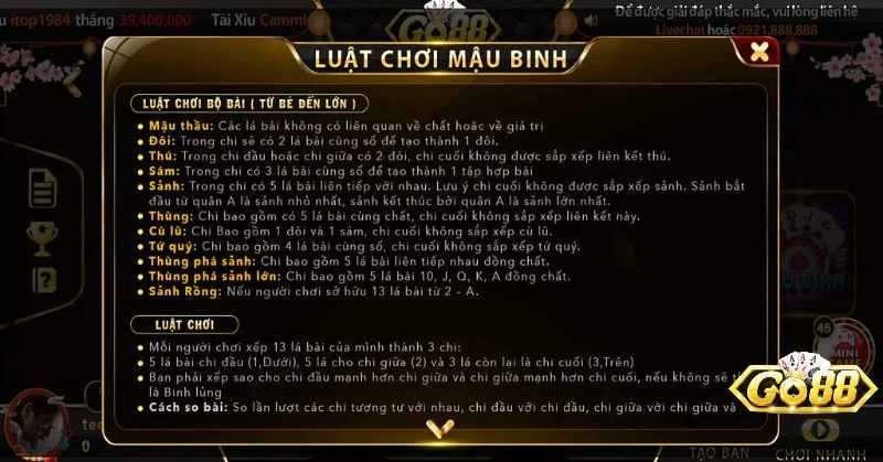 Luật chơi Mậu binh trên Go88